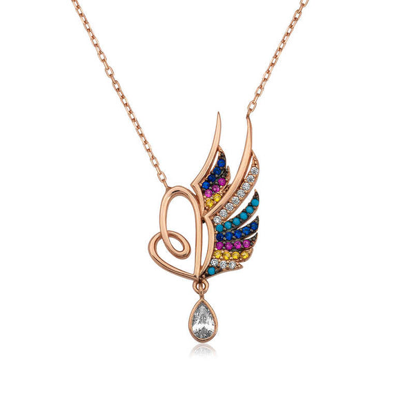 Women's Gemmed Wing & Heart Pendant Rose Plated Silver Necklace