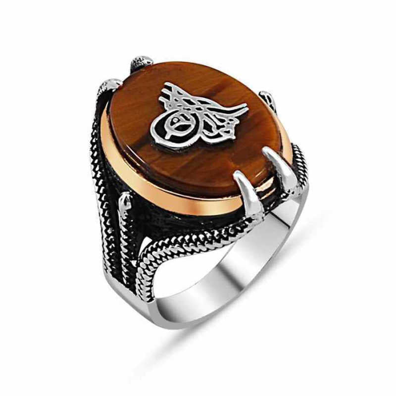 Men's Tughra Design Tiger Eye Stone Silver Ring