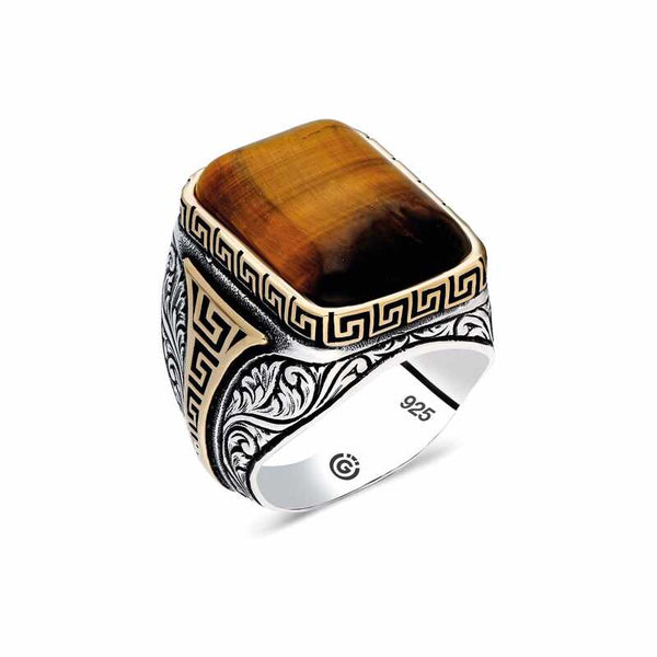 Men's Tiger Eye Gemmed Silver Ring