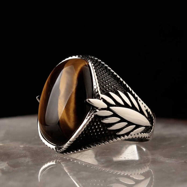 Men's Embroidered Tiger Eye Gem Silver Ring