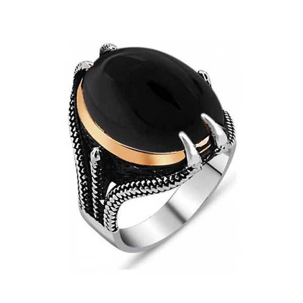 Men's Eagle Claw Design Black Stone Silver Ring