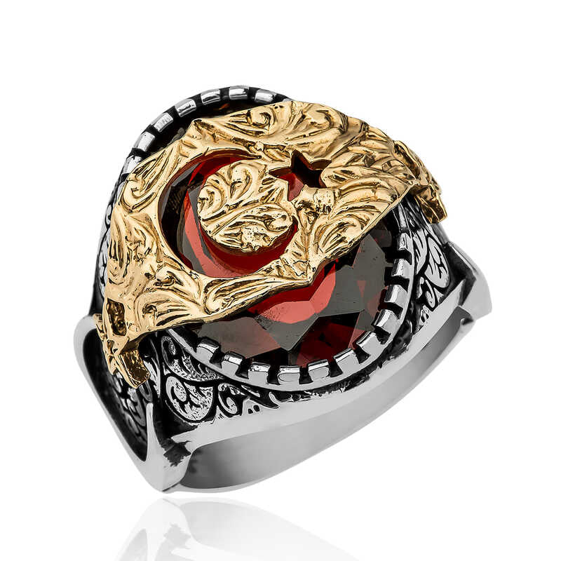 Men's Red Gemmed Silver Ring