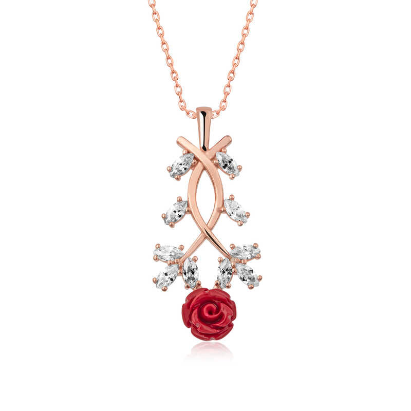 Women's Red Flower Pendant Rose Gold Plated Silver Necklace