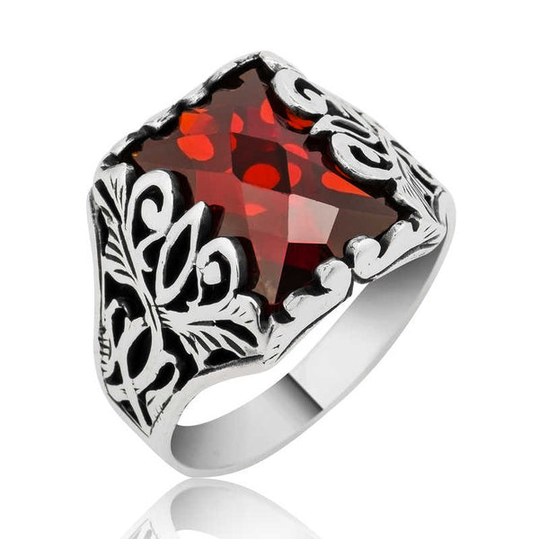 Men's Red Gemmed Silver Ring