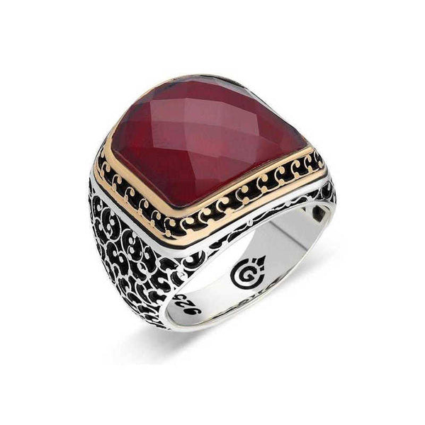 Men's Red Gemmed Silver Ring