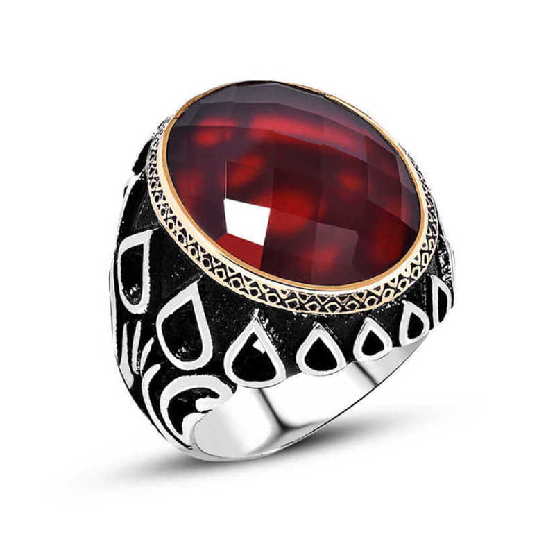 Men's Red Zircon Gemmed Silver Ring