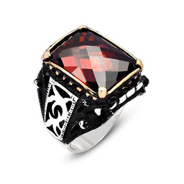 Men's Red Zircon Gemmed Silver Ring