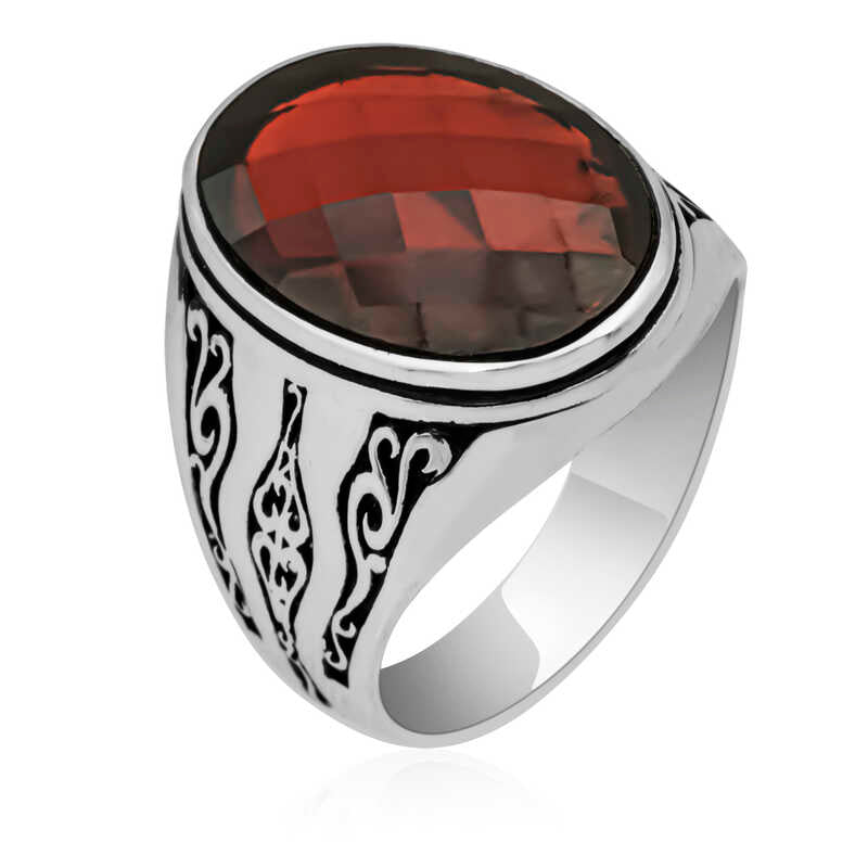 Men's Red Zircon Gemmed Silver Ring