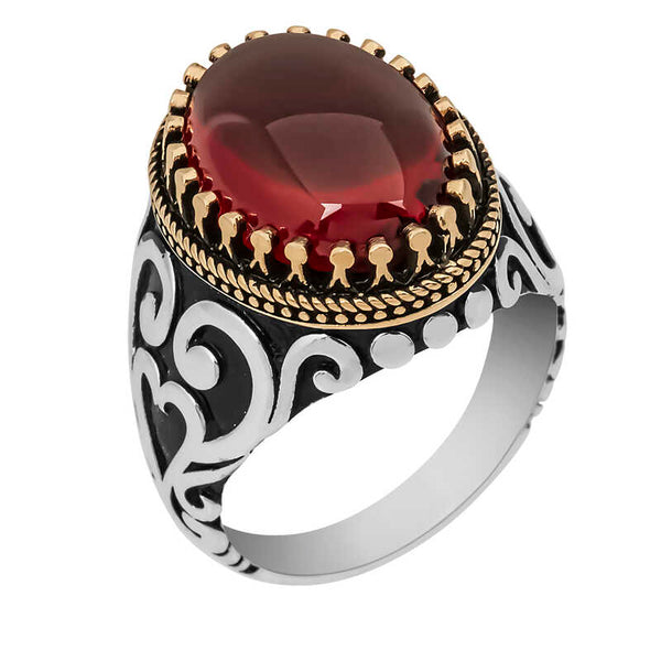 Men's Red Zircon Gemmed Silver Ring