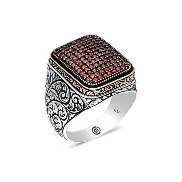 Men's Red Zircon Gemmed Silver Ring