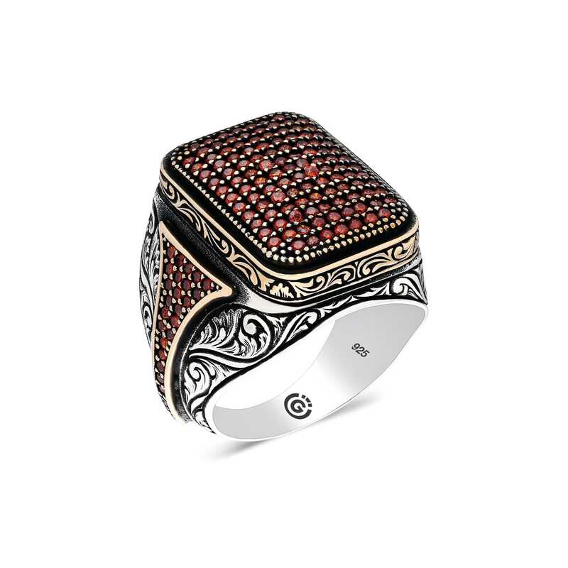 Men's Red Zircon Gemmed Silver Ring