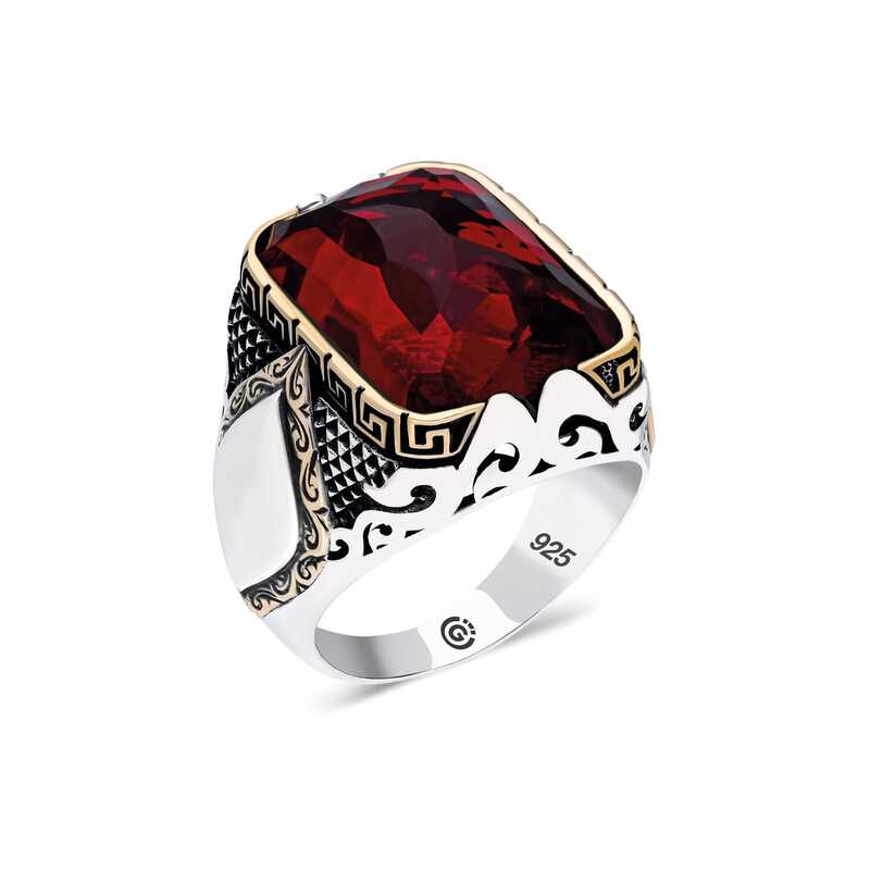 Men's Red Zircon Gemmed Silver Ring