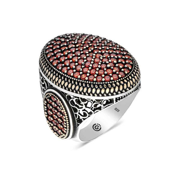 Men's Red Zircon Gemmed Silver Ring