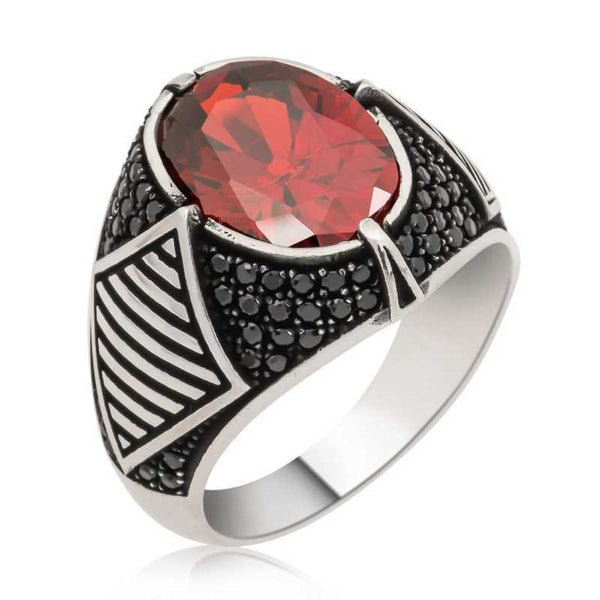Men's Red Gemmed Silver Ring