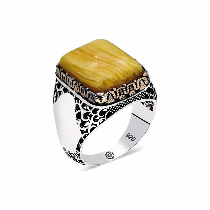 Men's Square Figure Amber Stone Silver Ring