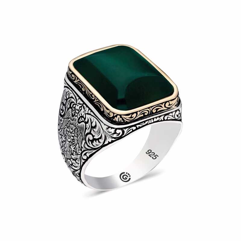 Men's Dark Green Agate Stone Silver Ring