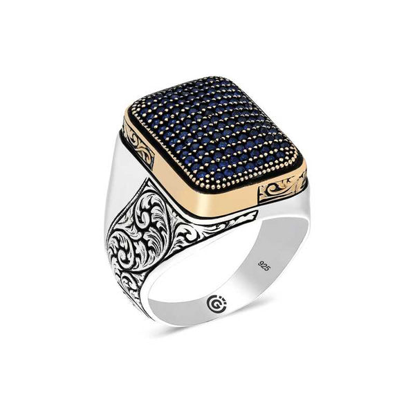 Men's Navy Blue Zircon Gemmed Silver Ring