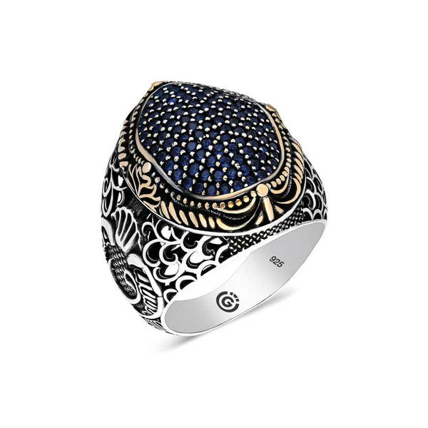 Men's Navy Blue Zircon Gemmed Silver Ring