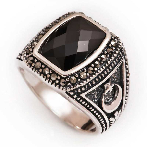Men's Marcasite Gemmed Crescent Star Design Silver Ring
