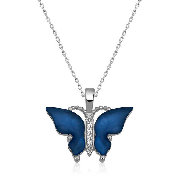 Women's Blue Tiger Eye Gemmed Butterfly Pendant Silver Necklace