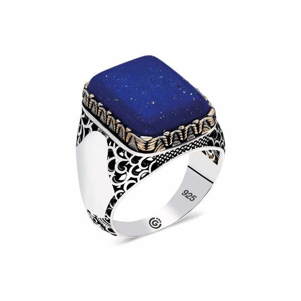Men's Square Figure Blue Lapis Stone Silver Ring