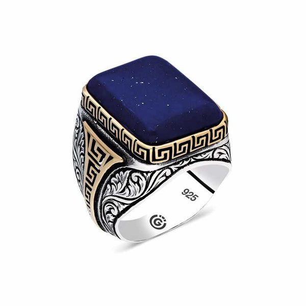 Men's Square Figure Dark Blue Lapis Stone Silver Ring