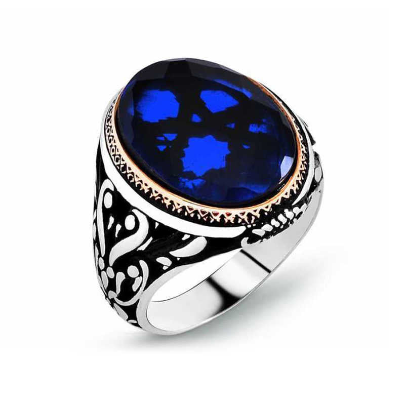 Men's Dark Blue Zircon Gemmed Silver Ring