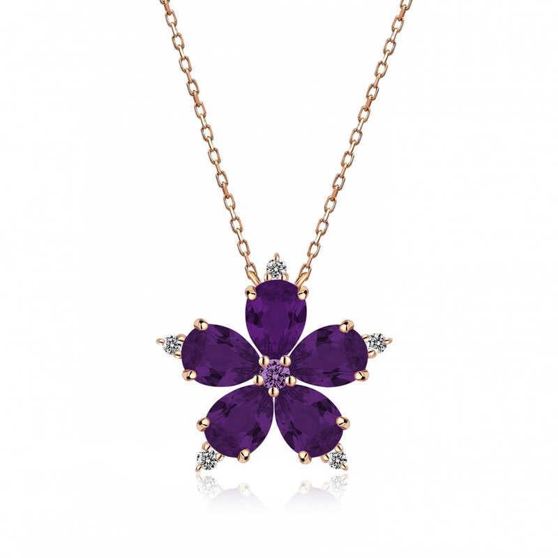 Women's Purple Flower Pendant Rose Gold Plated Silver Necklace