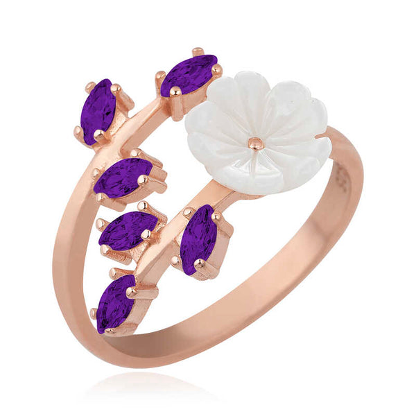 Women's Flower Figure Rose Gold Plated Silver Ring