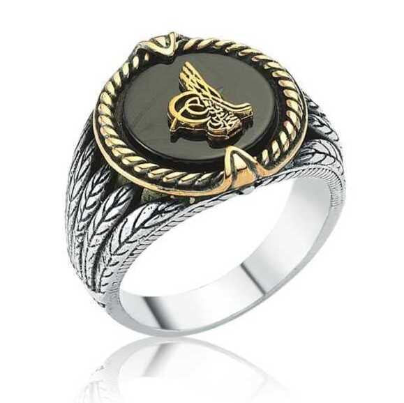Men's Tughra Design Black Gemmed Silver Ring