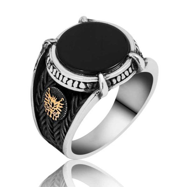 Men's Ottoman Crest Design Black Gemmed Silver Ring
