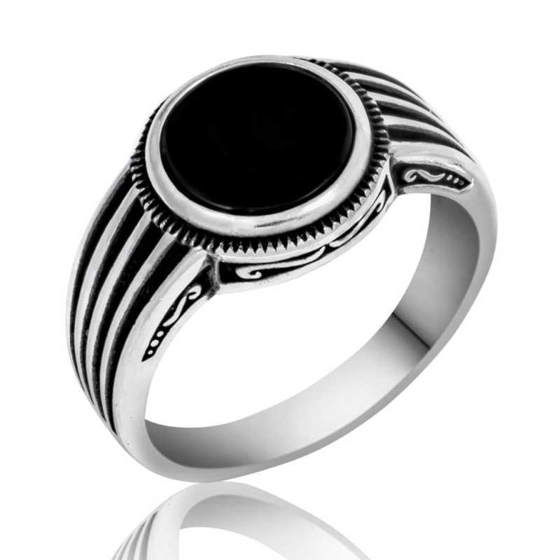 Men's Striped Black Gemmed Silver Ring