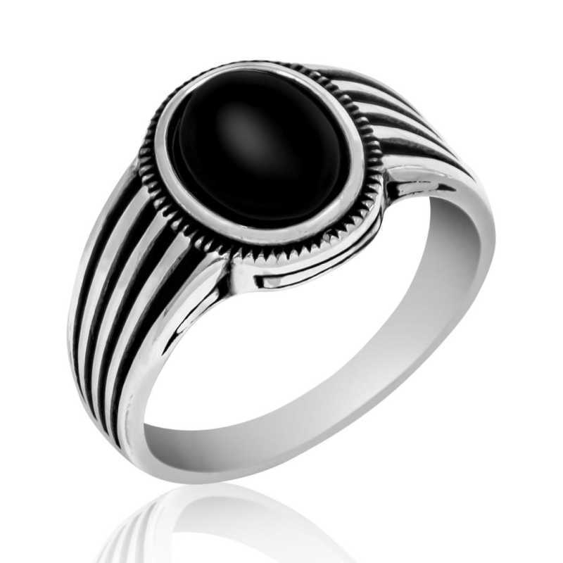 Men's Striped Black Gemmed Silver Ring