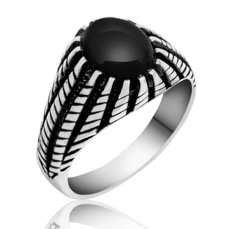 Men's Black Gemstone Silver Ring