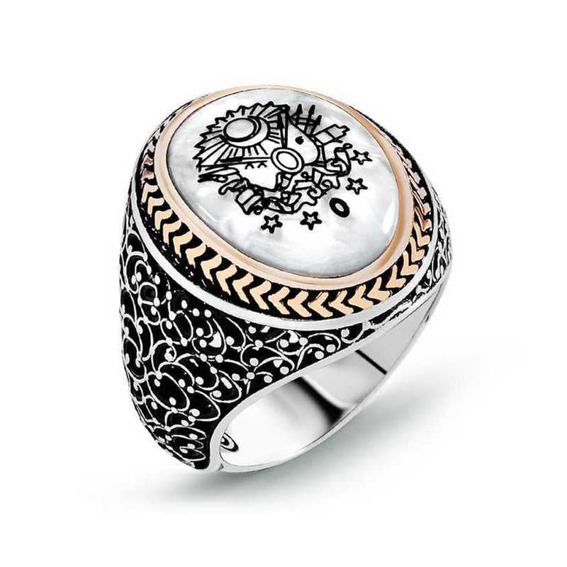 Men's Nacre Stone Ottoman Crest Design Silver Ring