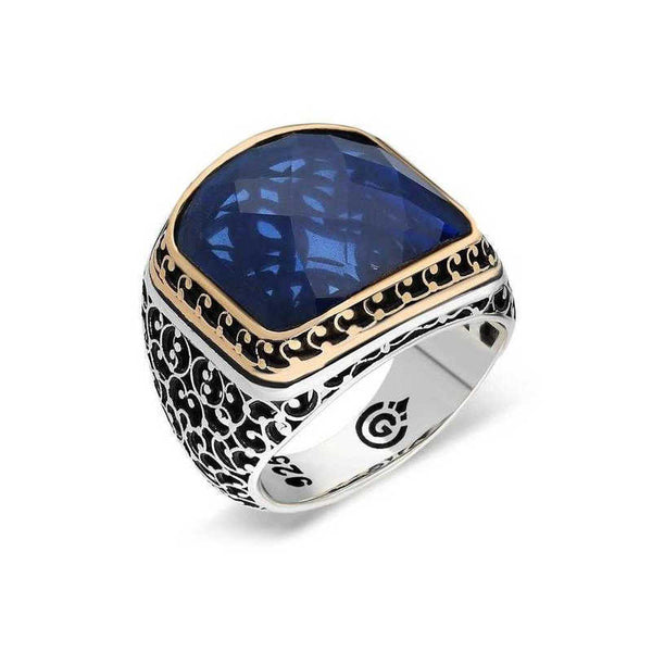 Men's Dark Blue Zircon Gemmed Silver Ring