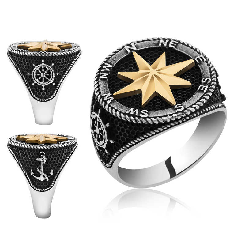 Men's Compass Design Silver Ring