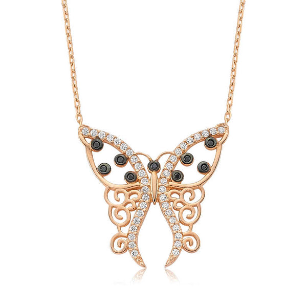 Women's Patterned Butterfly Pendant Rose Plated Silver Necklace