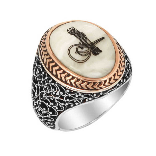 Men's Enamel Stone Tughra Design Rose Plated Silver Ring