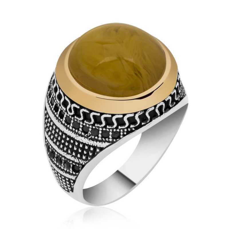 Men's Amber Stone Silver Ring