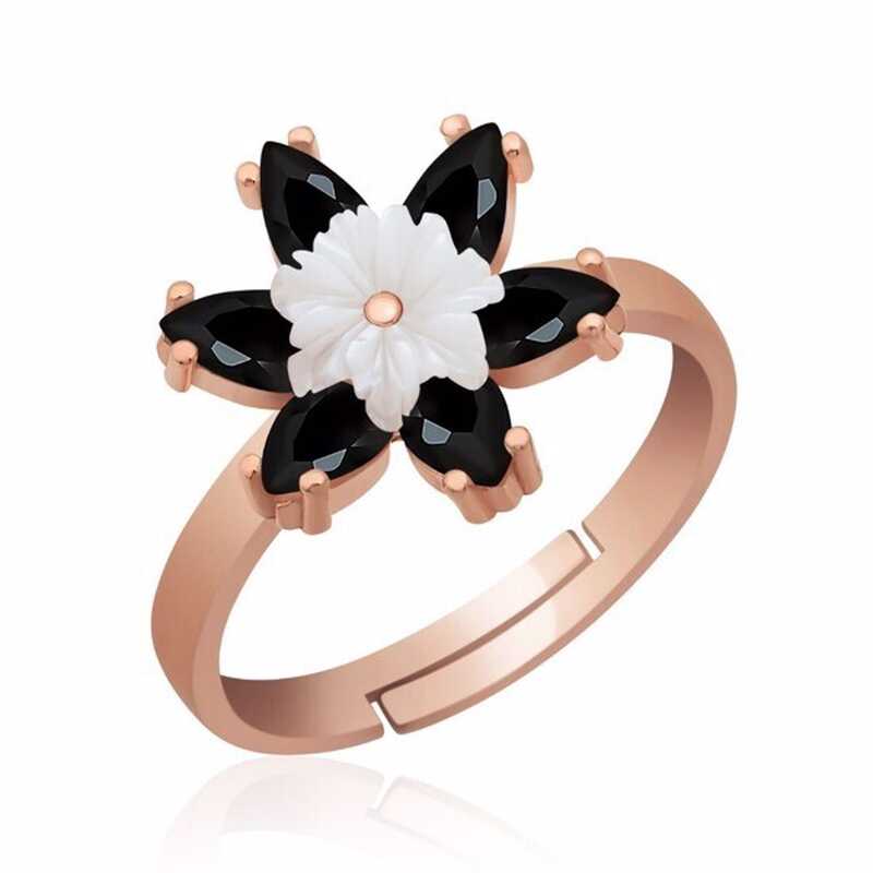 Women's Black Lotus Flower Figure Silver Ring