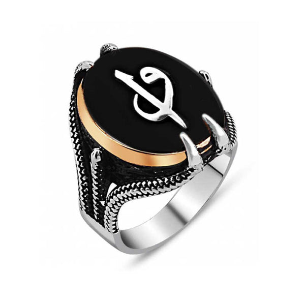 Men's Eagle Claw & Elif Vav Design Black Stone Silver Ring