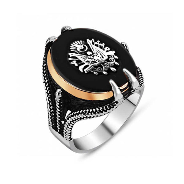 Men's Eagle Claw & Ottoman Crest Design Black Gemmed Silver Ring