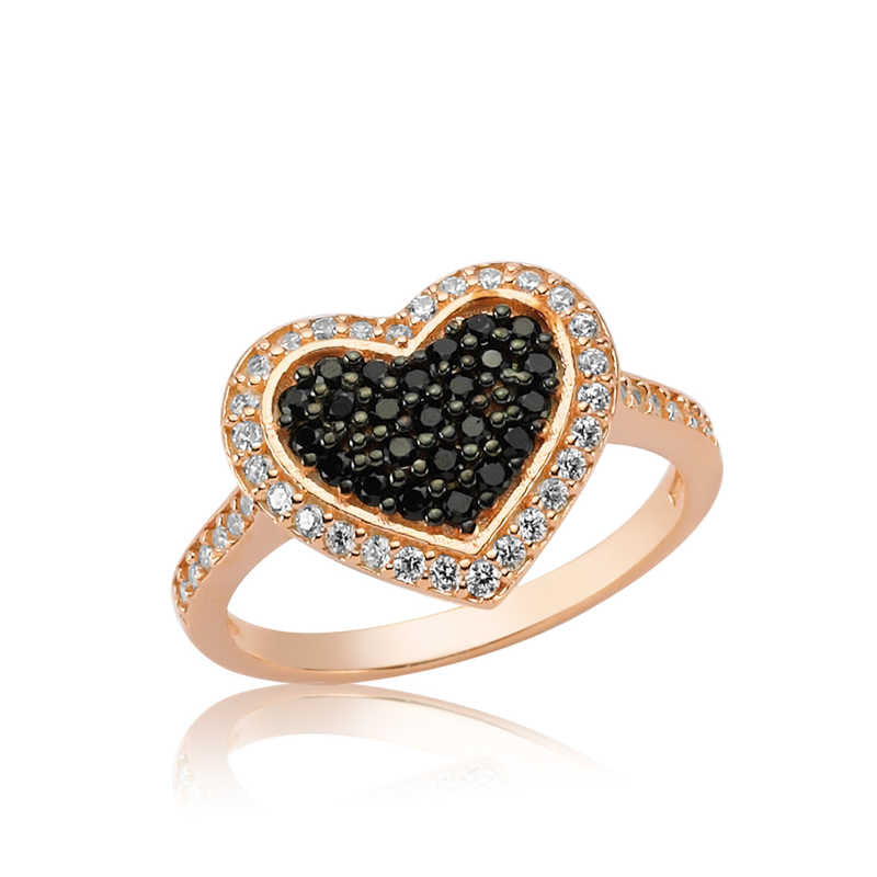 Women's Black Gemmed Heart Design Rose Plated Silver Ring