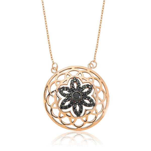 Women's Black Gemmed Floral Pendant Rose Plated Necklace