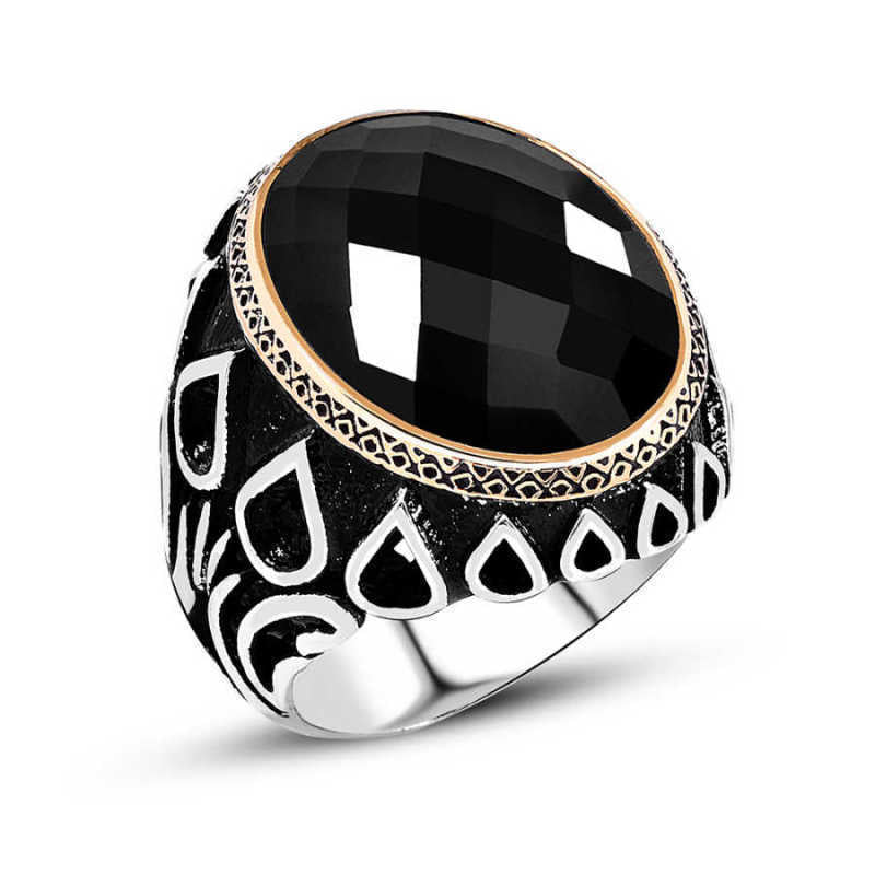 Men's Black Zircon Gemstone Silver Ring