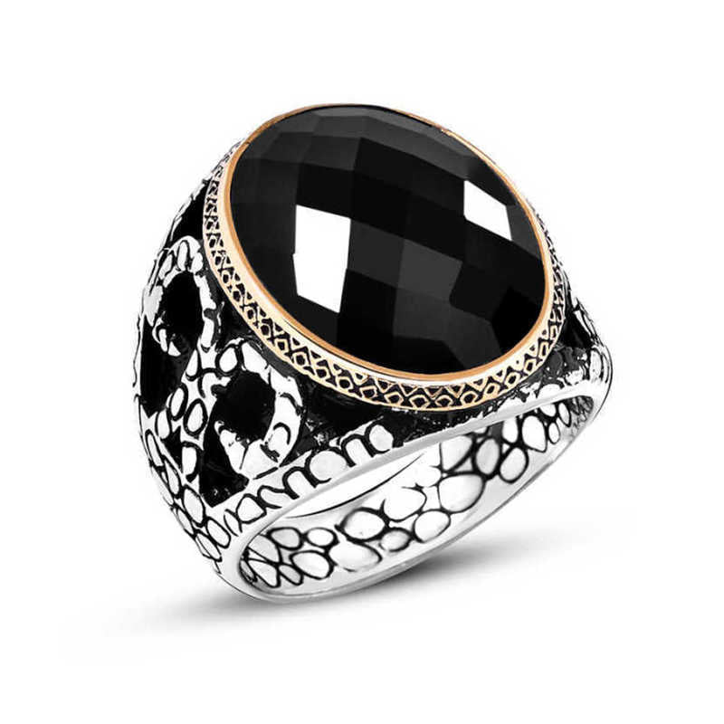 Men's Black Zircon Gemstone Silver Ring