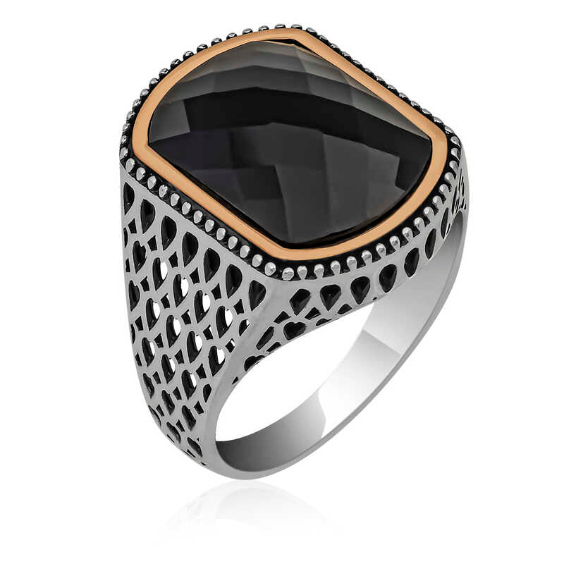 Men's Black Zircon Gemmed Silver Ring
