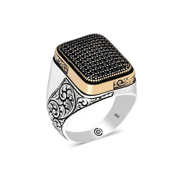 Men's Black Zircon Gemmed Silver Ring