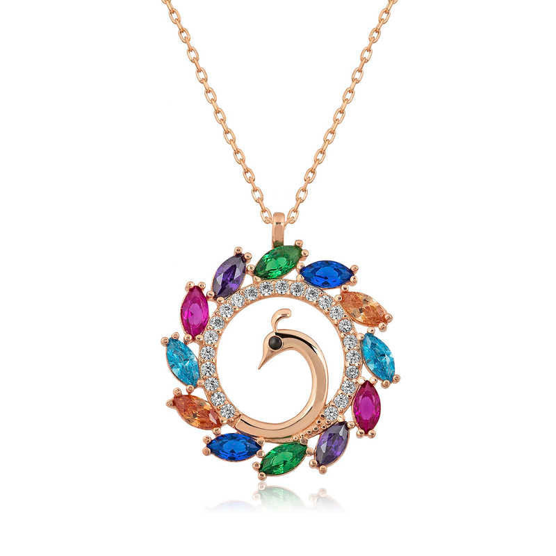 Women's Peacock Pendant Rose Plated Silver Necklace